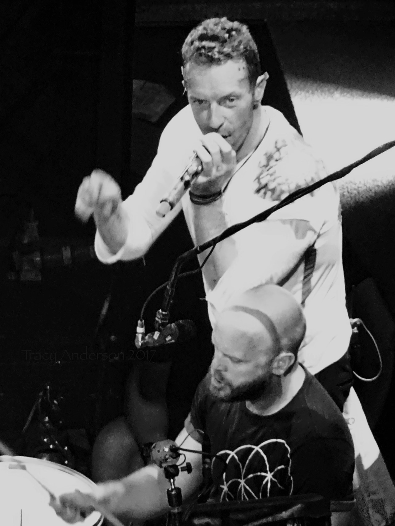 Chris Martin and Will Champion of Coldplay Black and White Rogers Place Edmonton September 27 2017