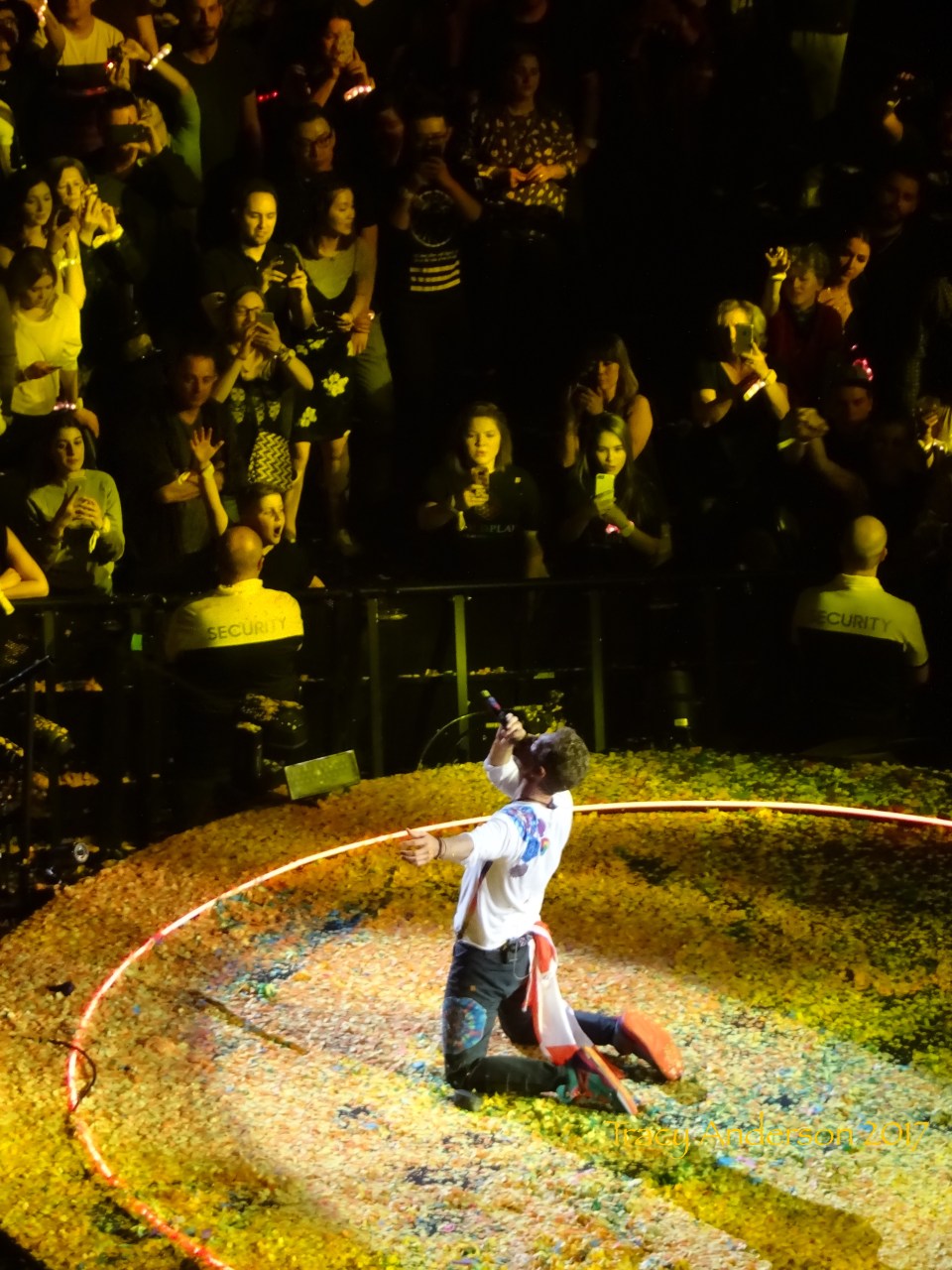 Chris Martin Yellow B Stage Kneeling Coldplay Rogers Place Edmonton Sept 27, 2017