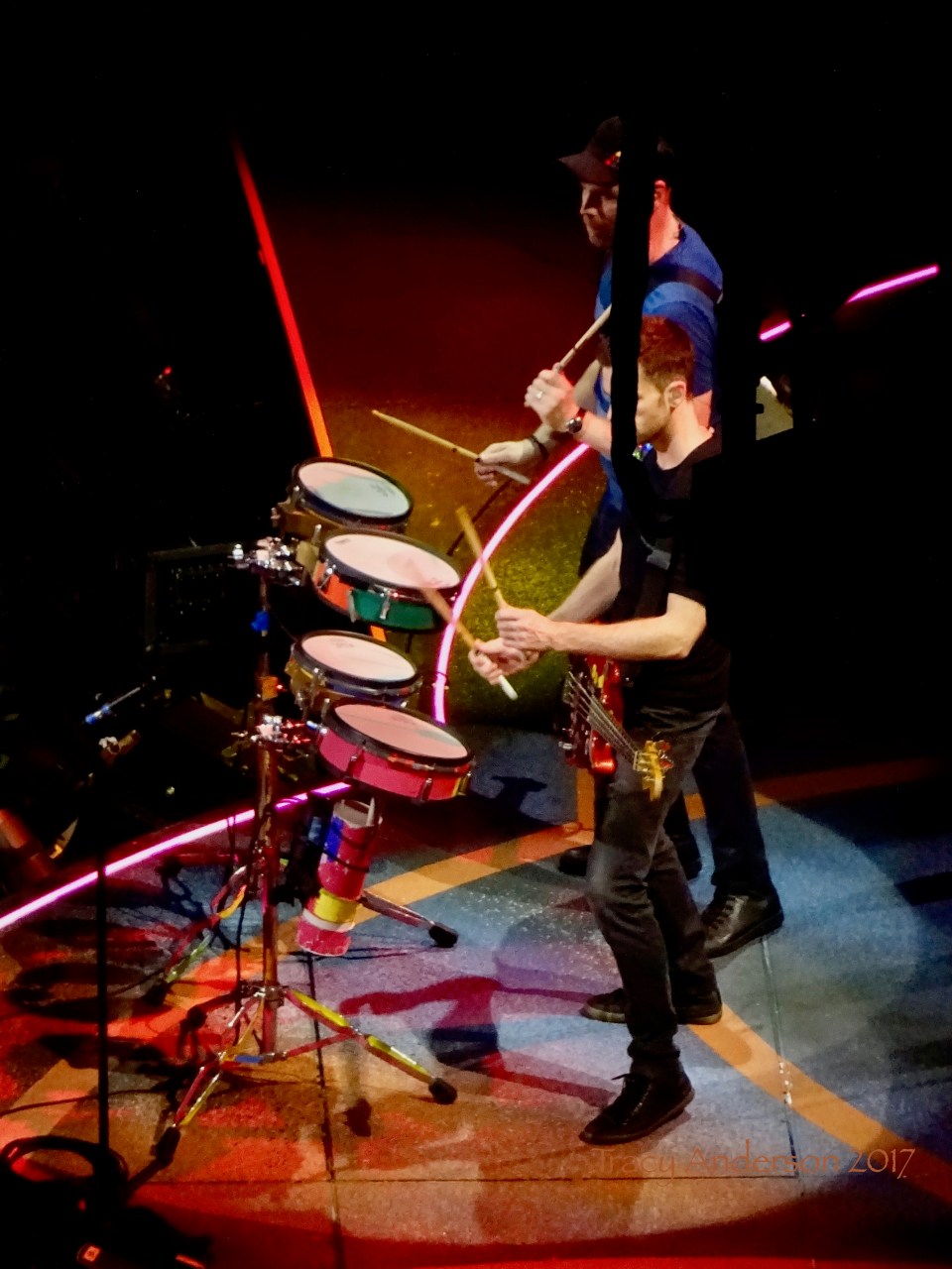 Guy Berryman and Jonny Buckland on Drums Coldplay Rogers Place Edmonton September 27 2017