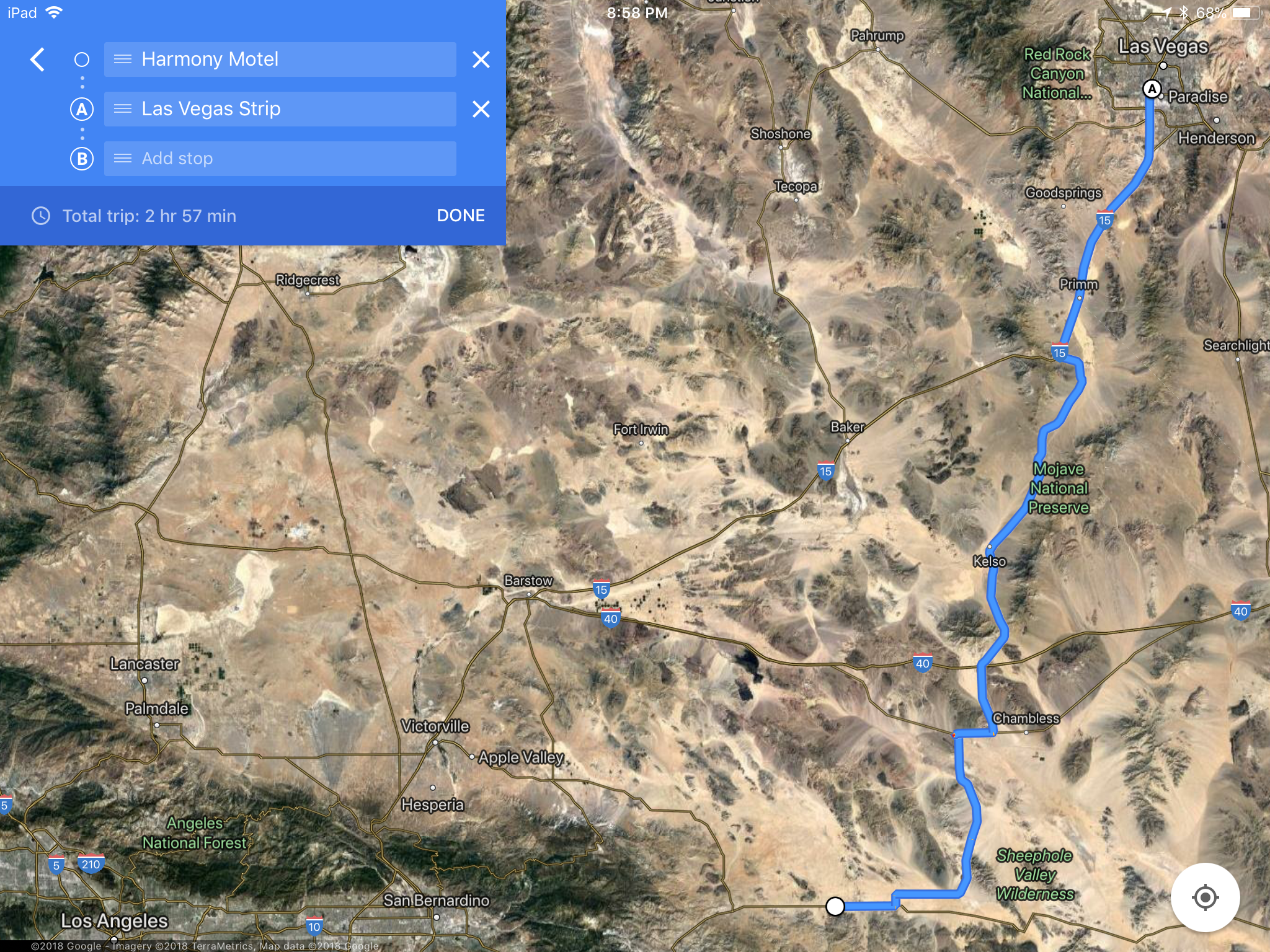 Google Maps Las Vegas to The Harmony Motel (U2 Site)