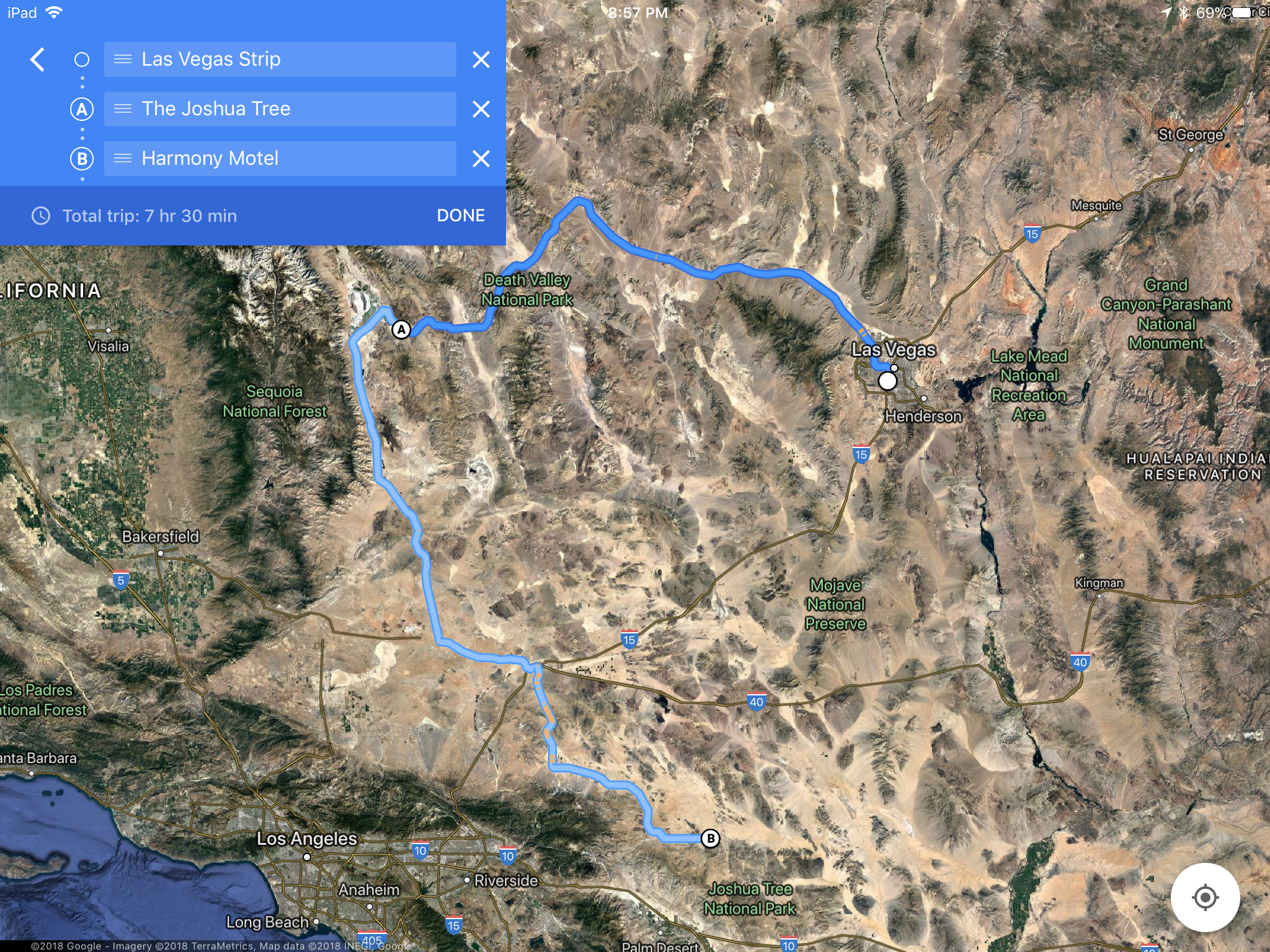 Google Maps Las Vegas to U2's Joshua Tree to The Harmony Hotel