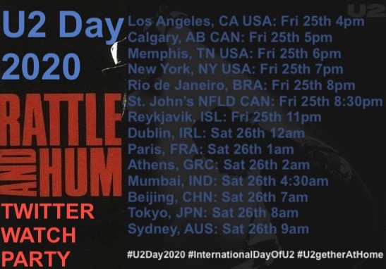 #U2Day20 Rattle and Hum Twitter Watch Party Timezones