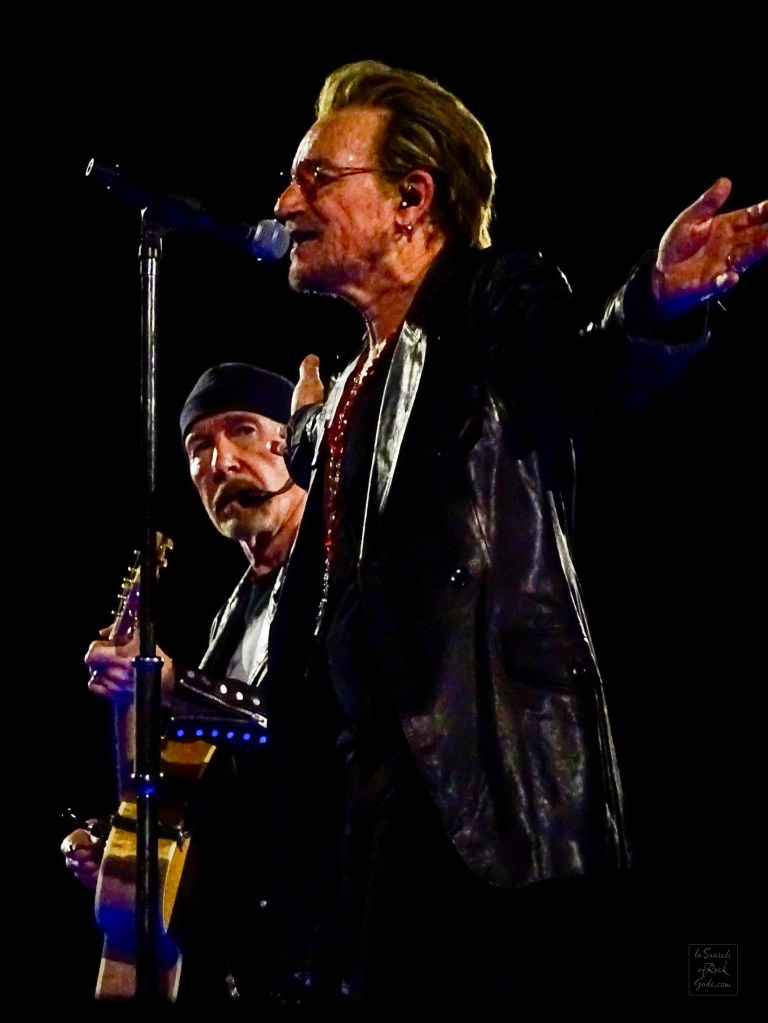 A close up photo of Bono  and the Edge from the U2:UV Achtung Baby at the Sphere concert in Las Vegas March 1, 2024. 