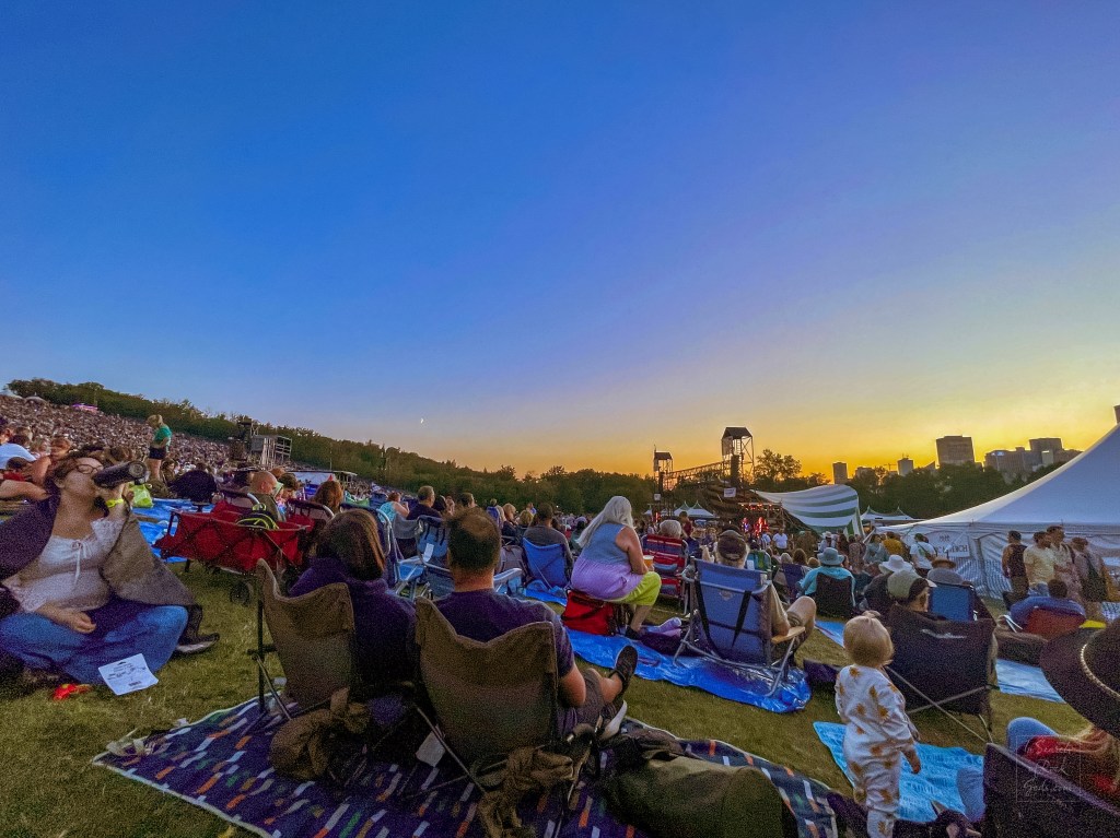 Main Stage in the twilight with audience Edmonton Folk Fest 2024